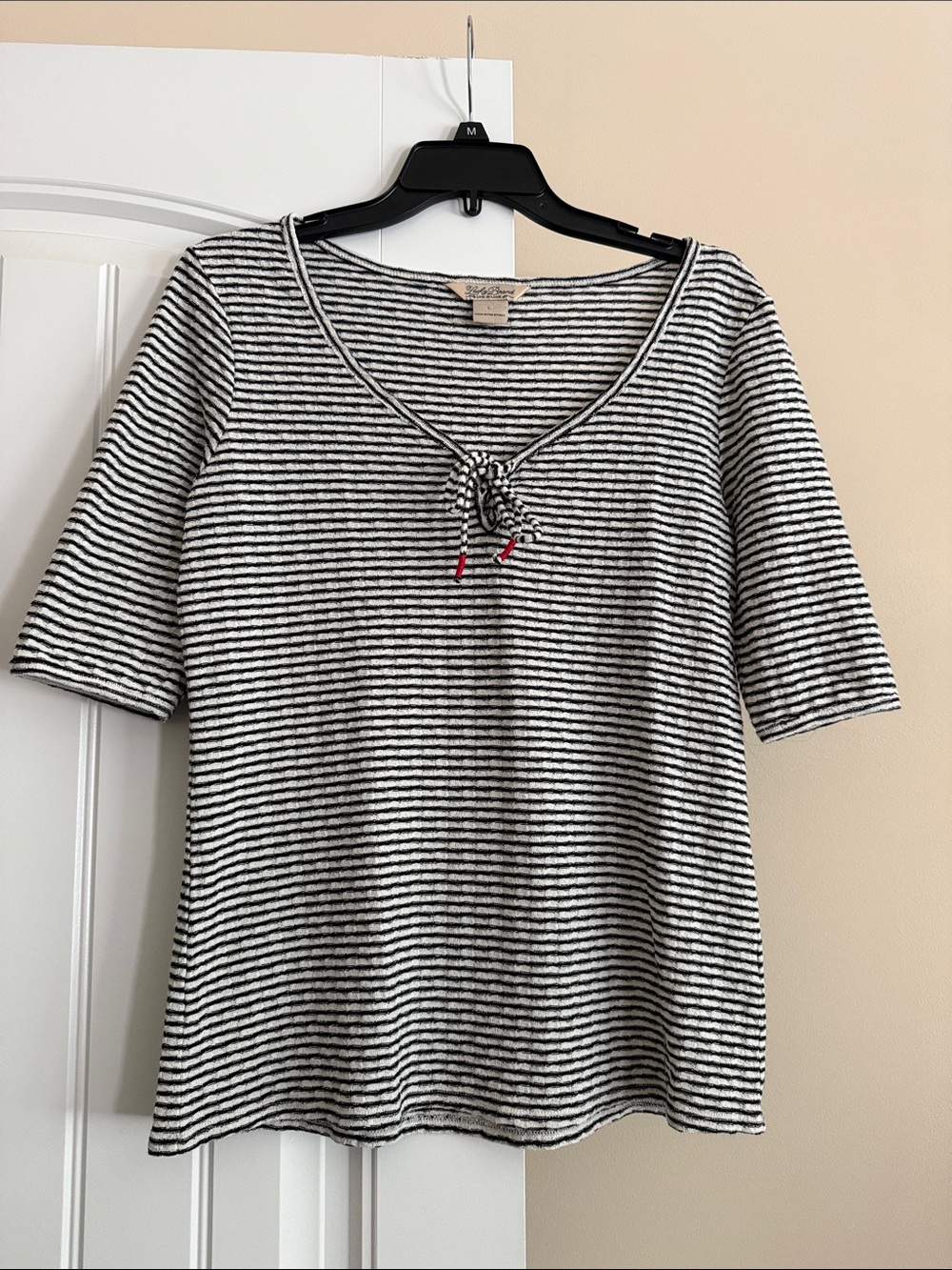 Lucky Brand Black & White Striped Knit Tie Top Sz Large Soft Casual Boho Tee